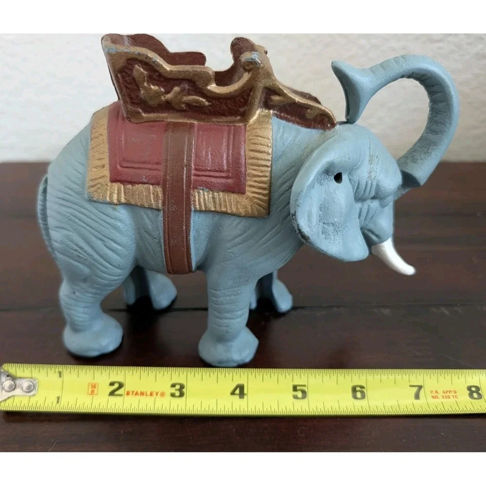 Vintage Cast Iron Elephant Mechanical Coin Bank Trunk Up Howdah Saddle Figurine